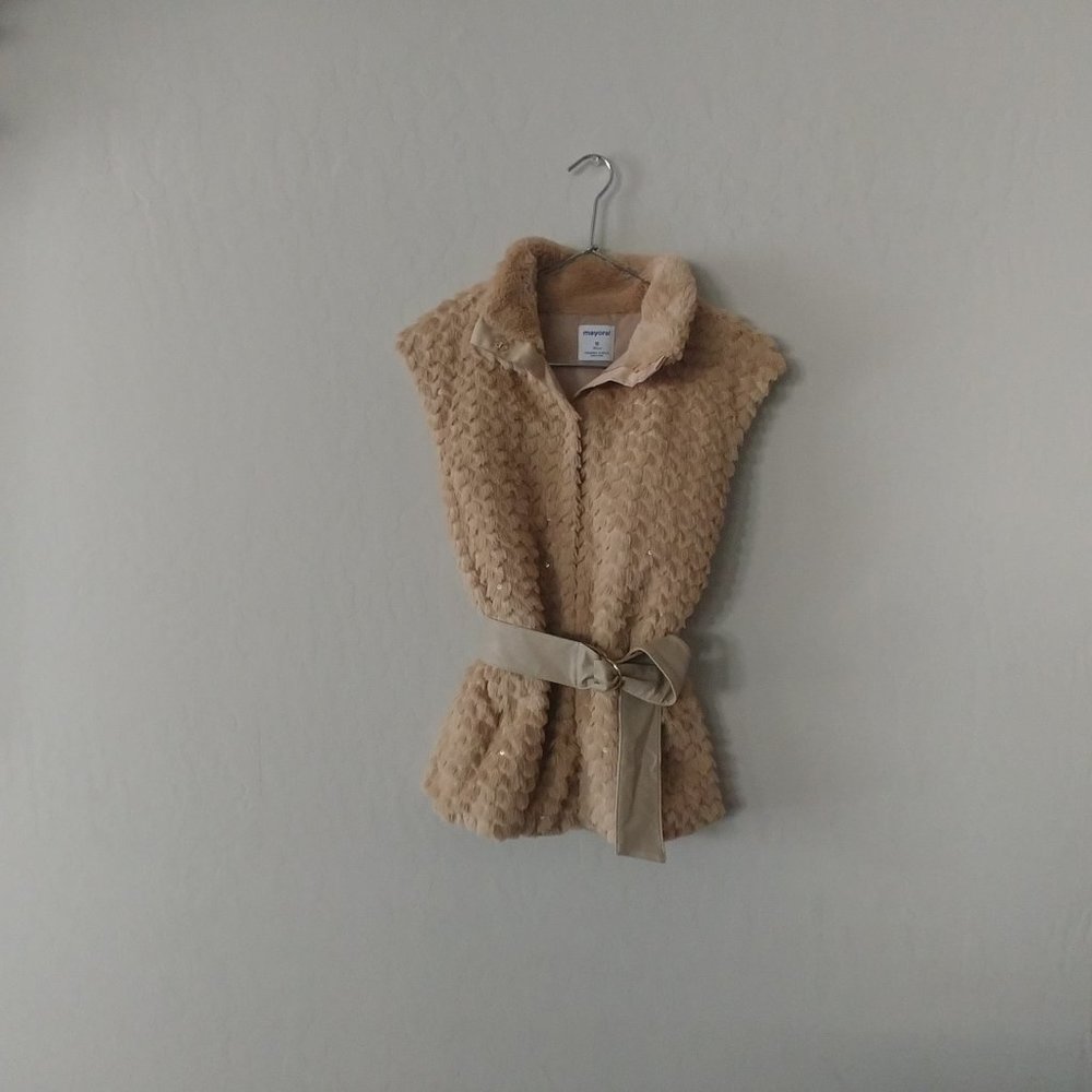 Mayoral Girls Faux Fur Belted Vest, Size 12,  Carmel